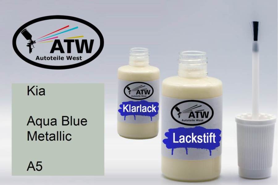 Kia, Aqua Blue Metallic, A5: 20ml Lackstift + 20ml Klarlack - Set, von ATW Autoteile West.